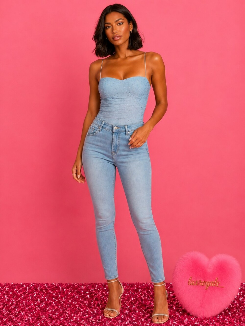 Windsor Blue Studded Bodysuit | Powder Blue Rhinestone Corset Top |